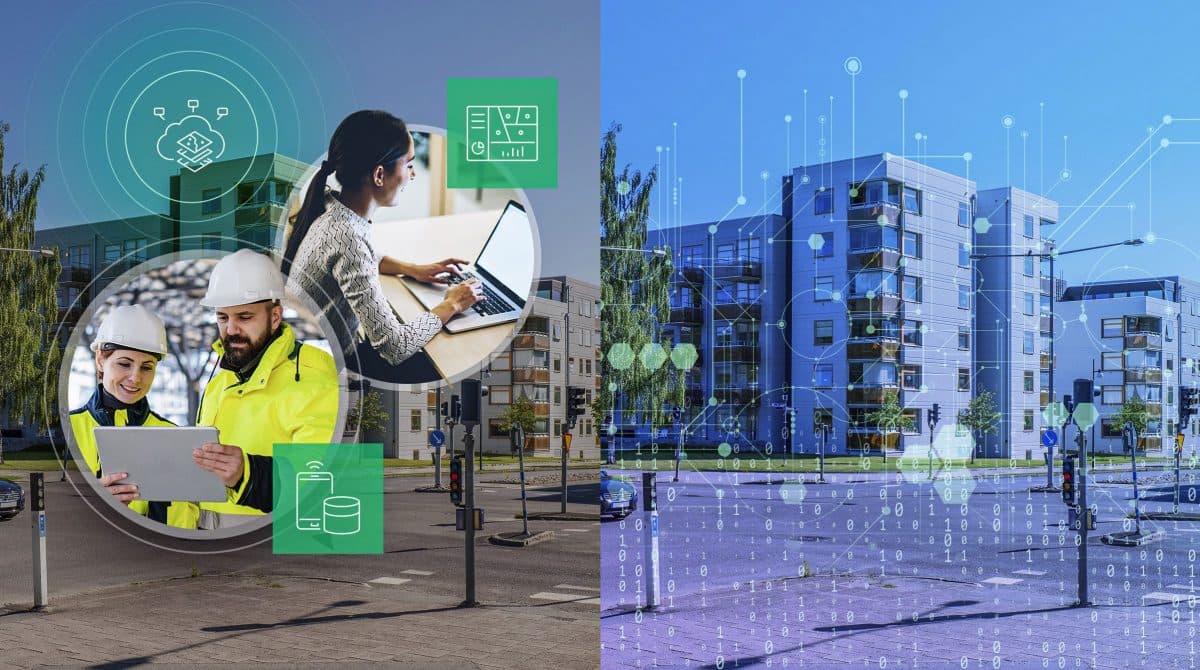 Bostadshus med ett digitalt lager av data, och personer som arbetar med surfplatta och dator.