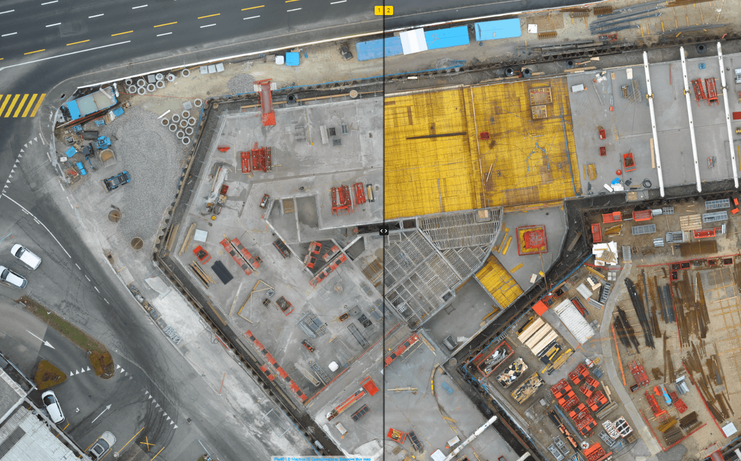 Aerial orthophoto of a construction site, with roads, buildings and a crane.